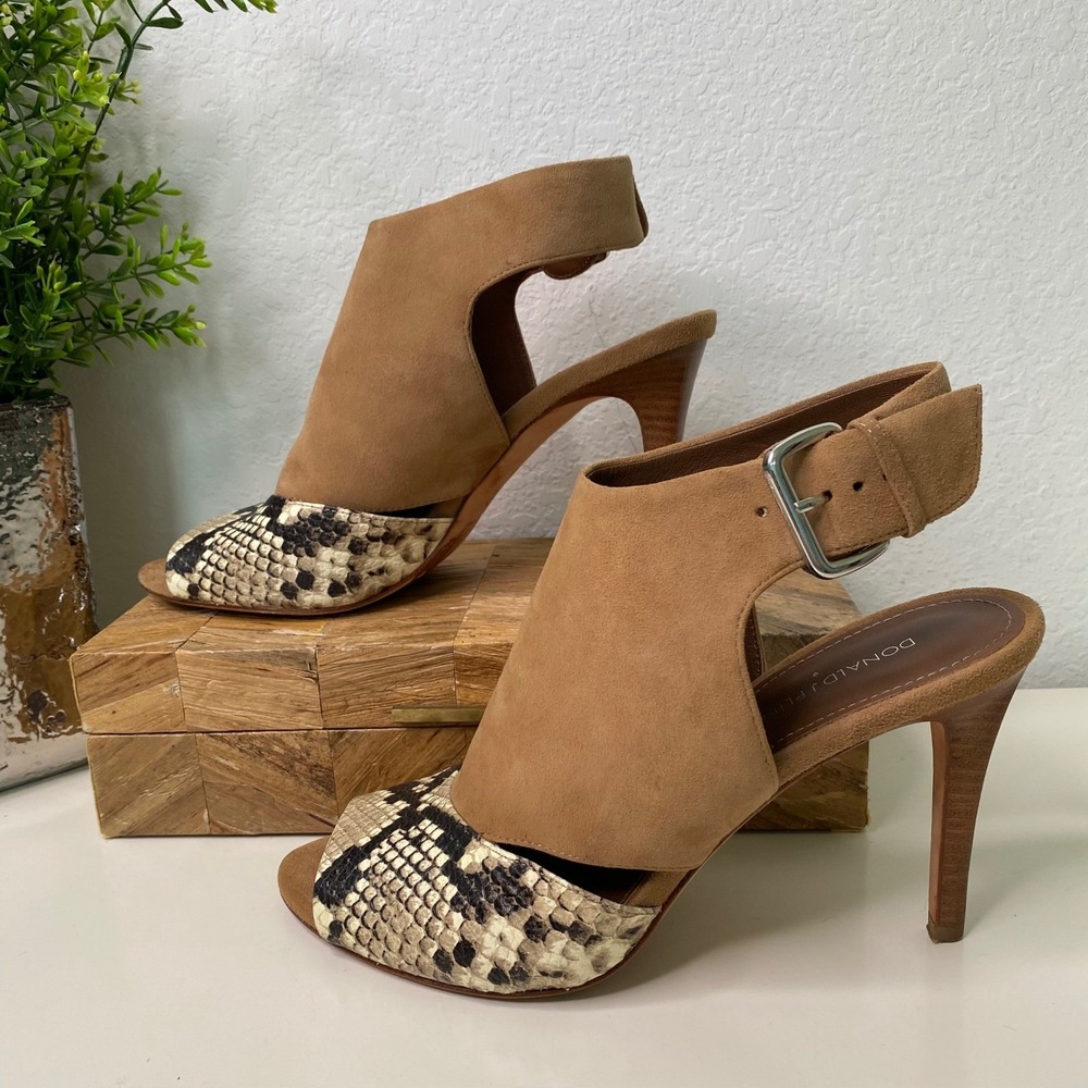 Donald Pliner Alix Tan Suede Snakeskin Print Open‎ Toe Stiletto Heels Size 9.5M
